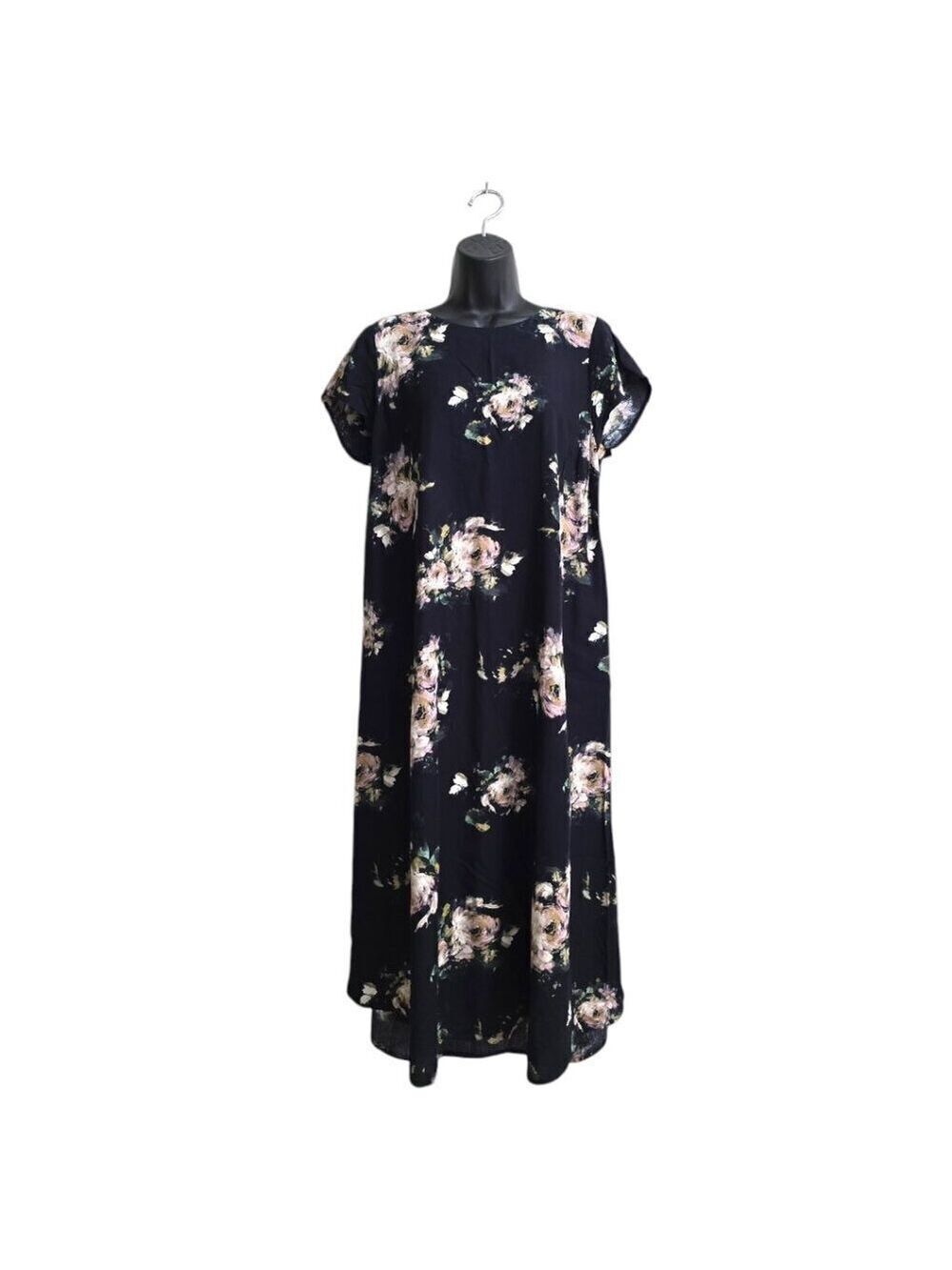 J. Jill Navy Floral Short Sleeve Back Button Midi Dress Sz S